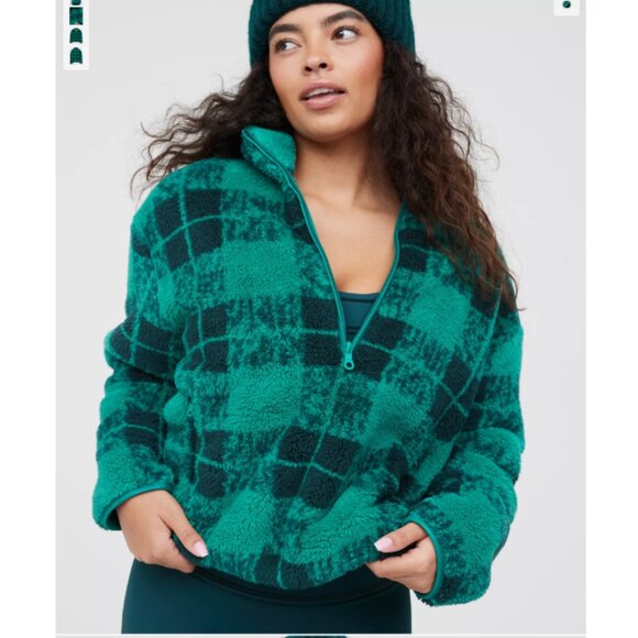 OFFLINE By Aerie Sherpa Quarter Zip Pullover Green Plaid, Large EUC, Cabincore - Picture 1 of 8